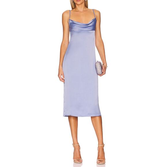 WeWoreWhat Slate Blue Midi Dress Size 00 Revolve Cowl Satin Charmeuse NEW Flirty - Picture 1 of 14